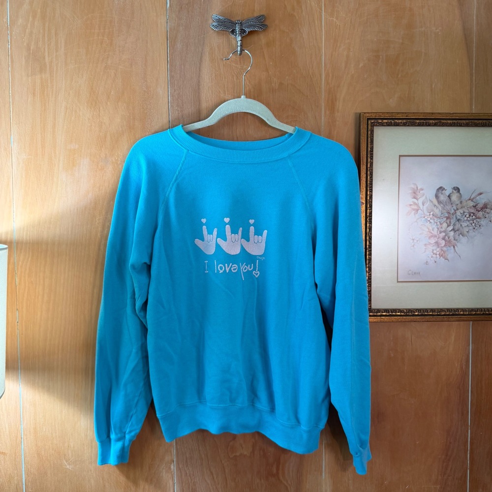 Vintage ASL I Love You Graphic Sweatshirt Turquoise Blue Raglan Pullover L